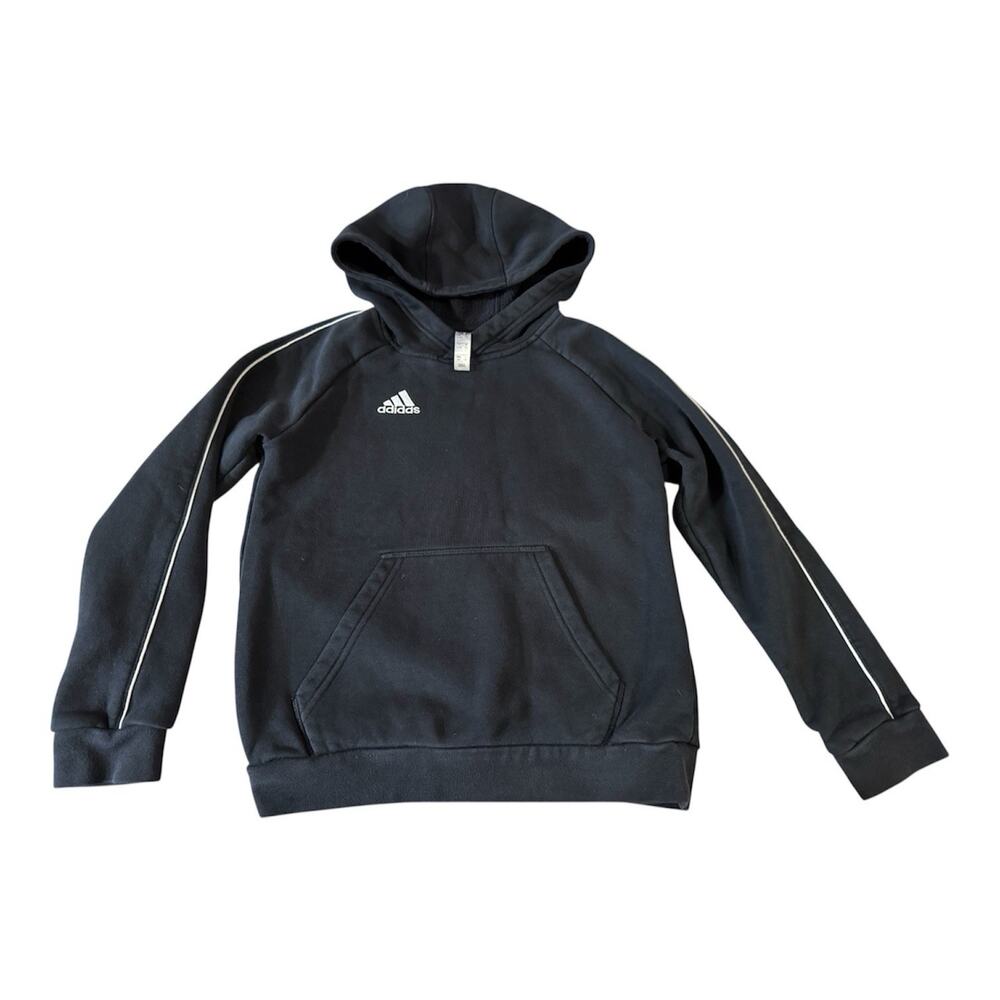 Adidas Boys Small 9-10 Black Pullover Hoodie White Piping Athletic